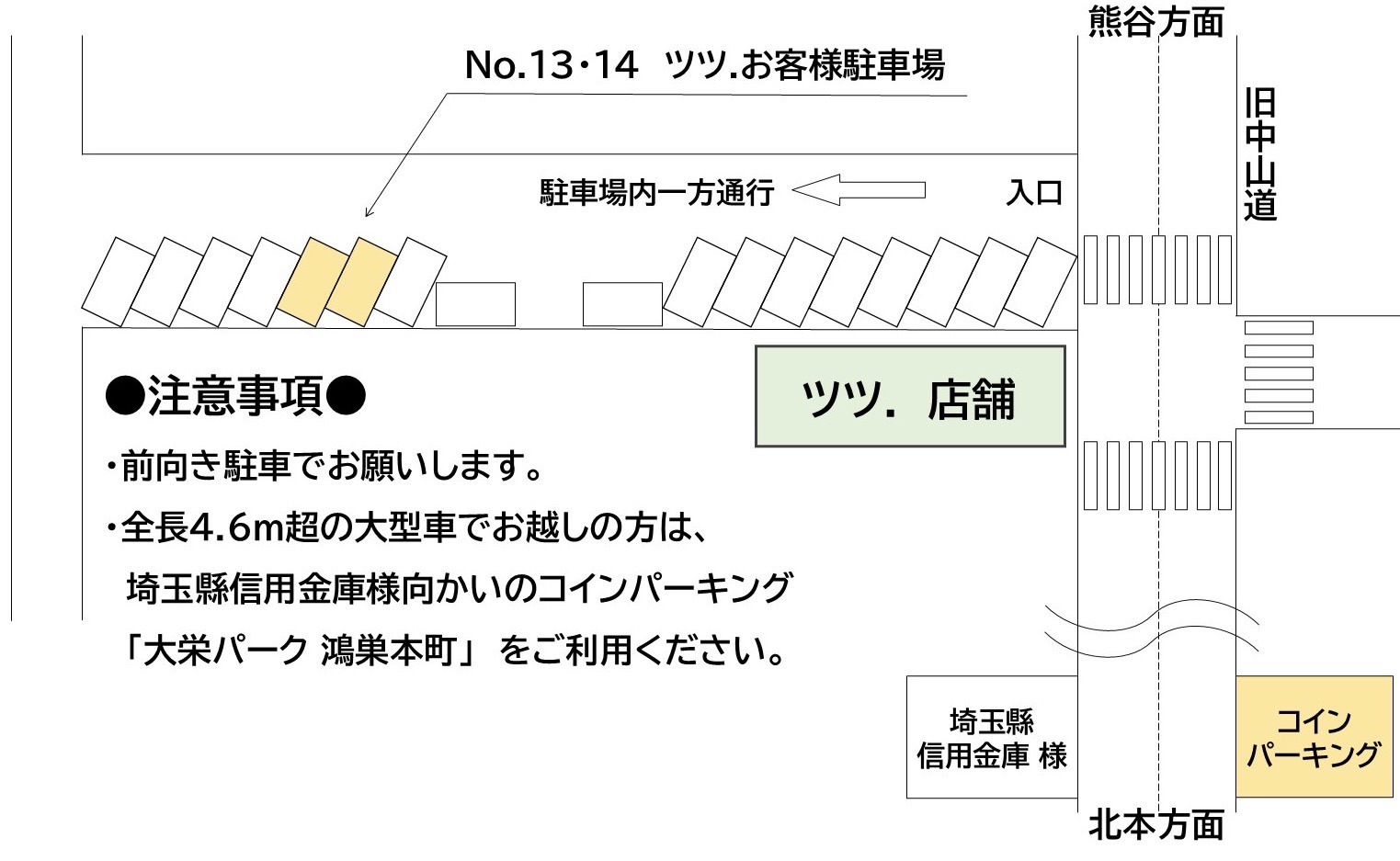 アイデザイン ツツ.駐車場詳細案内図 - 専用駐車場No.13・No.14の位置と近隣コインパーキング「大栄パーク鴻巣本町」の場所、埼玉県信用金庫様向かい、全長4.6m超車両対応、鴻巣市旧中山道沿い
